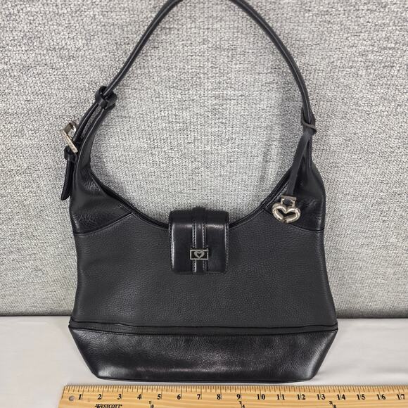 BRIGHTON WOMEN'S BLACK DANIA LEATHER HANDBAG HEART CHARM FLAP CLOSURE 14X11X5 - Picture 14 of 15